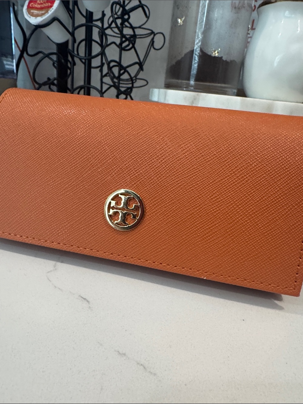 Tory Burch Orange Saffiano Continental Clutch Wallet with Gold Logo
